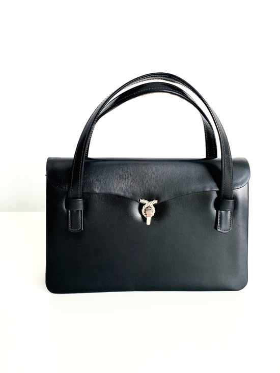 Handbags - Classic Black Leather Top-Handle Satchel - Vintage - Handmade In France